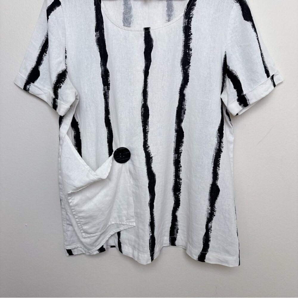 Compli K Womens Small Linen Striped Short Sleeve Lagenlook Patch Pocket Top - Picture 7 of 13